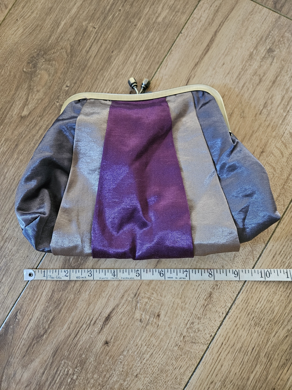 Bath & Body Works Purple and Gray Satin Stripe Kiss-Lock Clutch